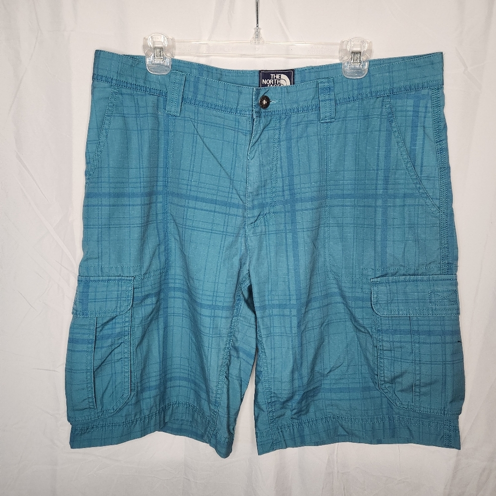 North Face Mens 36 Plaid Cargo Shorts Blue With Mesh Pockets